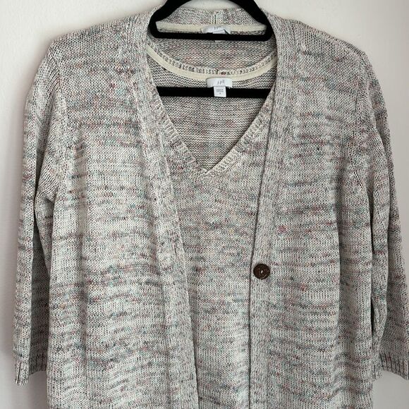 J. JILL Knit Two Piece v-neck tank short sleeve sweater set cream multi Petite M - Picture 2 of 13